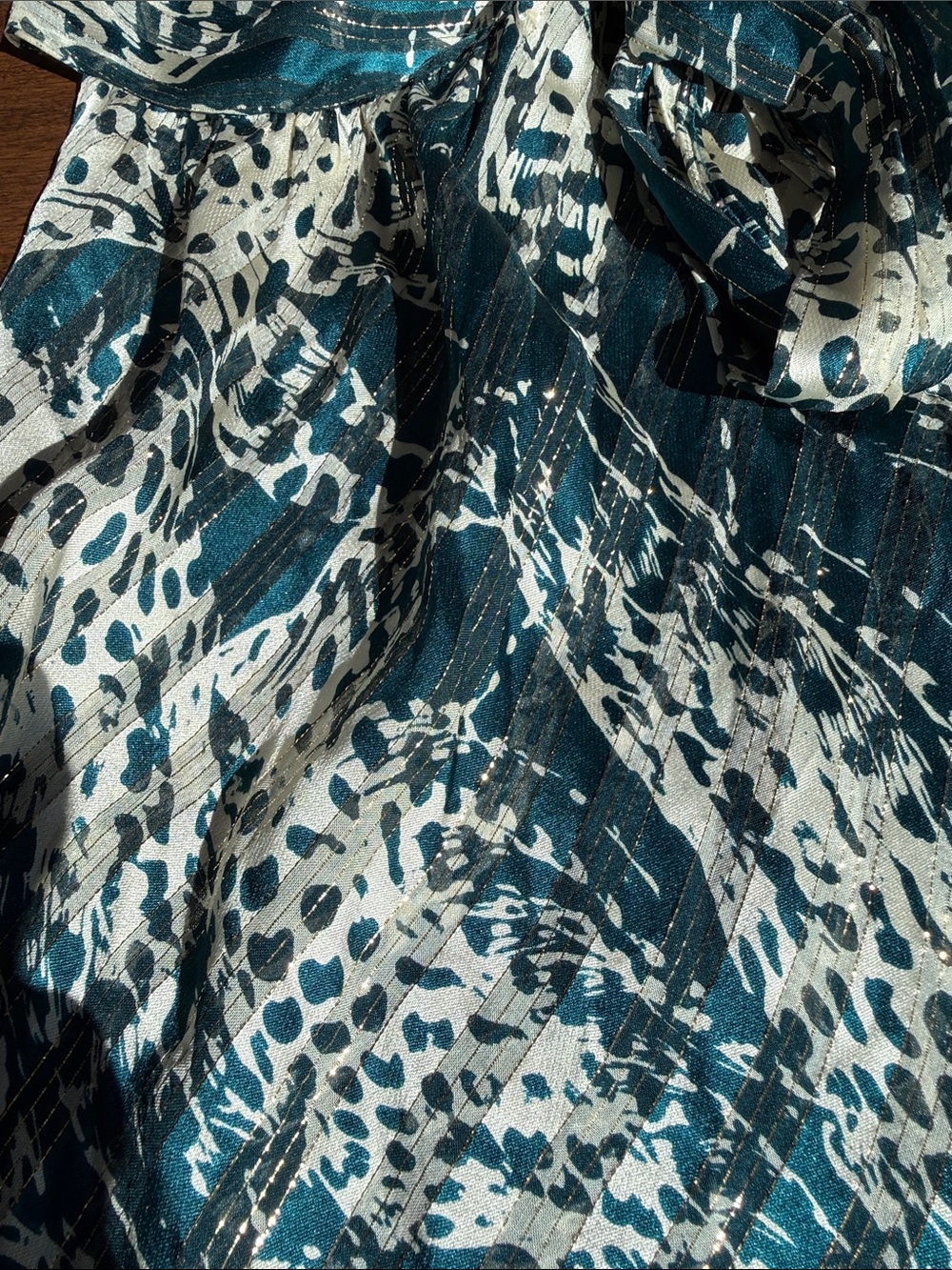 Milly Teal and Cream Metallic-Striped Animal Print Blouse - Picture 5 of 6